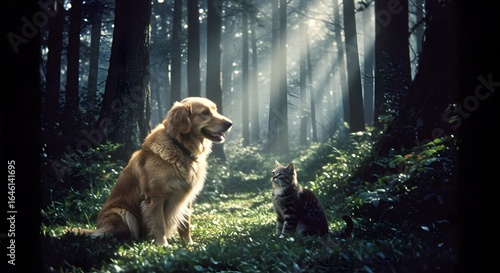 Fototapeta Naklejka Na Ścianę i Meble -  A loyal dog and a curious cat find friendship in a magical forest