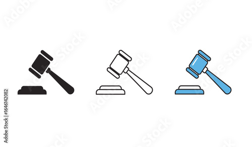Three Gavel Illustrations in Different Styles Depicting Justice Law and Legal Concepts for Courtroom Auction or Decision Making Scenarios on White Background