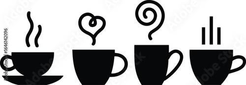Coffee cup silhouette vector set, steam designs illustration, heart spiral wavy lines, CAD drawing flat vector illustration
