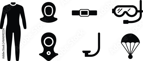 Diving and parachuting gear silhouette vector set, wetsuit snorkel mask parachute icons, CAD drawing flat vector illustration