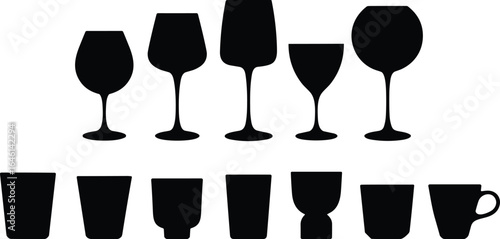 Drinking vessel silhouette vector set, wine glasses tumblers mugs icons, kitchenware shapes, CAD drawing flat vector illustration