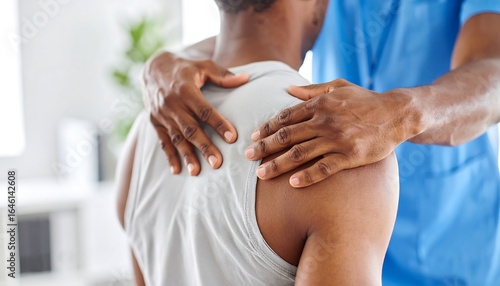 Physiotherapist treating shoulder pain.
