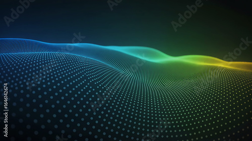 Abstract Landscape of Digital Waveforms with Blue, Green, and Yellow Gradient Illumination and Dot Pattern