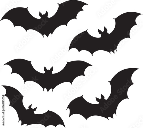 Black bats flying silhouette white