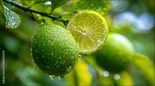 Wallpaper Mural Fresh green limes on a tree branch covered in water droplets after rain Torontodigital.ca