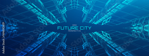 Future metaverse city featuring neon 3D buildings and tech backgrounds. Digital cyber skyline with AI data streams. VR landscapes or holographic streets for urban designs.