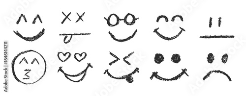 Set of emoji crayon faces. Different faces with emotions and crayon pencil texture	