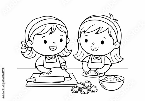Kids Learning to Make Dumplings Together Vector Coloring Page