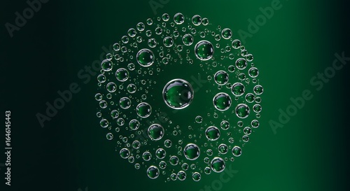 Closeup of many small water droplets forming a circular pattern on a dark green background