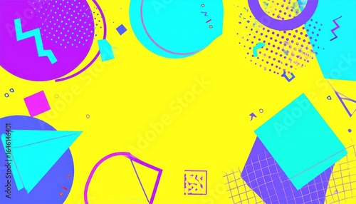 Geometric Memphis Style Composition with Bright Colors of Yellow Turquoise and Purple Elements in Abstract Design