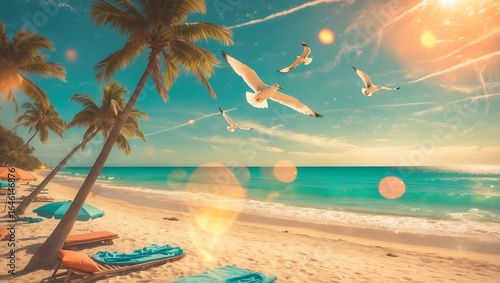 Fototapeta Naklejka Na Ścianę i Meble -  Beautiful tropical beach with palm trees and seagulls summer vacation travel destination wallpaper hd aesthetic on transparent background
