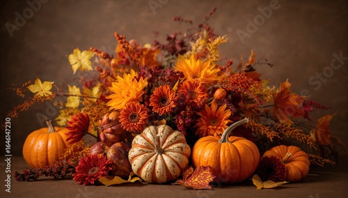 Autumn floral arrangement with pumpkins, chrysanthemums, and fall leaves on a brown background