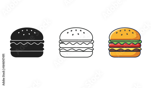 Three burger icons in black outline and color showcasing different design styles for fast food restaurants and menus on a white background