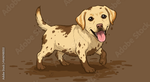 A cute dog covered in mud standing. It is smiling and appears to be enjoying the moment