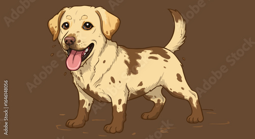 A cheerful dog with patches, happy and playful, a cute canine. The dog has a yellow coat with brown spots and a playful expression
