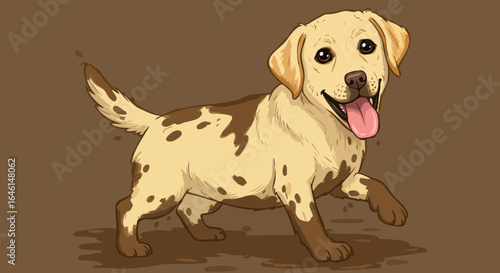 A playful puppy with a happy expression, covered in mud, set against a gradient brown background. The playful puppy with muddy spots, and tongue out