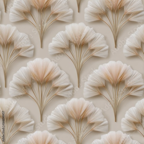 Beautiful Art Deco wallpaper features beige and white fan-shaped leaves in a seamless pattern, perfect for vintage-themed interiors. SEAMLESS PATTERN