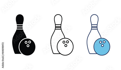Bowling Pins and Ball Line Art Icons in Different Colors