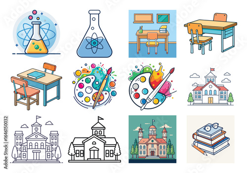Vector art of diverse set of pixel art icons illustrating educational themes, featuring science equipment, art supplies, school buildings, and classroom furniture, ideal for digital learning resources