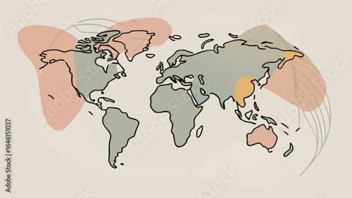 World map illustration geography earth continents travel global outline artistic design vector drawing art 100 vector illustration