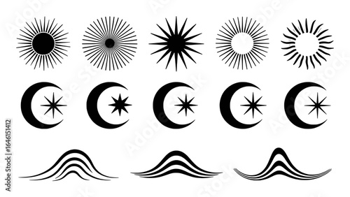 Celestial bodies crescent moon star sunburst wave designs vector