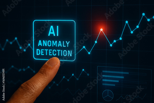 Finger points to ai anomaly detection on a digital screen with data graphs
