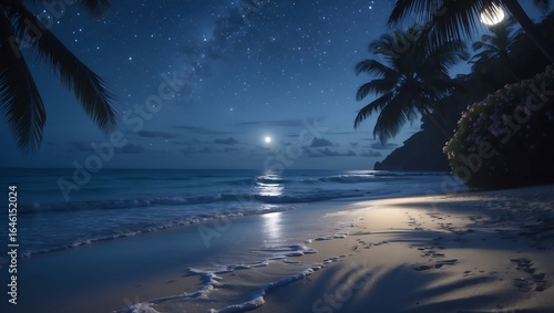 Night beach scene with moon and stars wallpaper for phone background and desktop wallpaper hd quality on transparent background