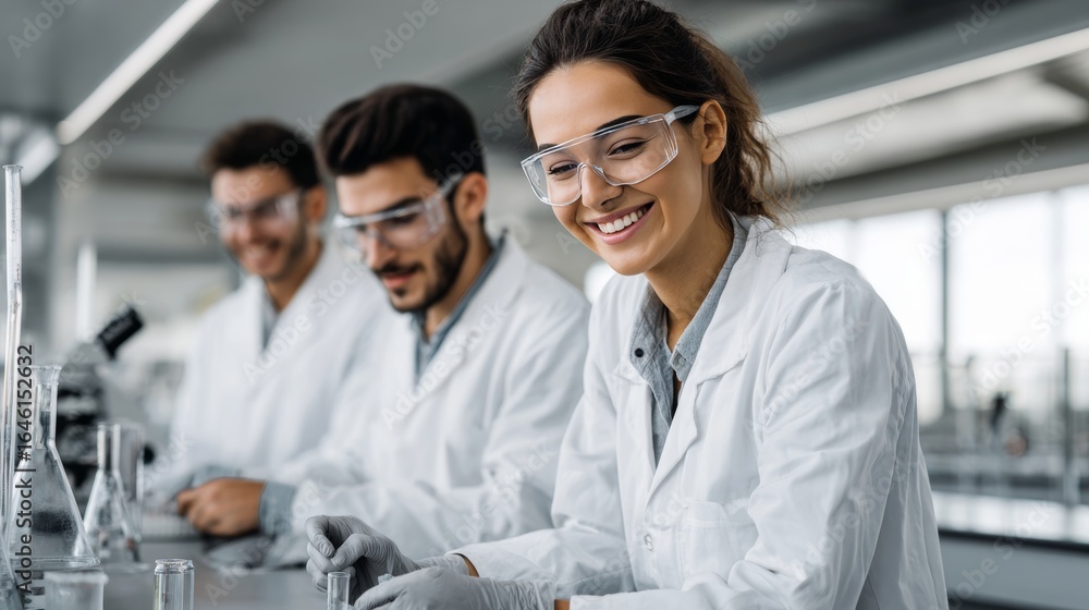 Fototapeta premium Group of diverse students in lab coats working on science experiments in a modern laboratory, smiling and collaborating in a scientific environment.