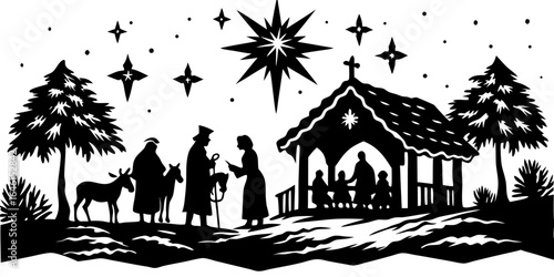 Nativity scene silhouette with star of bethlehem christmas holiday religious joseph mary baby jesus design 100 vector illustration