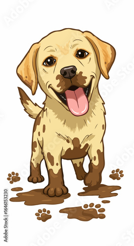 A playful puppy covered in mud, showing a happy and joyous expression. This adorable dog has a muddy face and paws, revealing its adventurous side