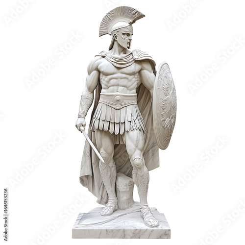 White marble Spartan soldier statue Isolated on transparent background