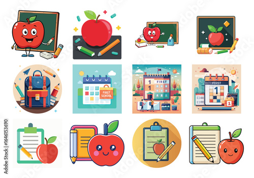 Vector art of collection of cute cartoon apples and school supplies, including backpacks, calendars, and chalkboards, symbolizing education and learning for students and teachers