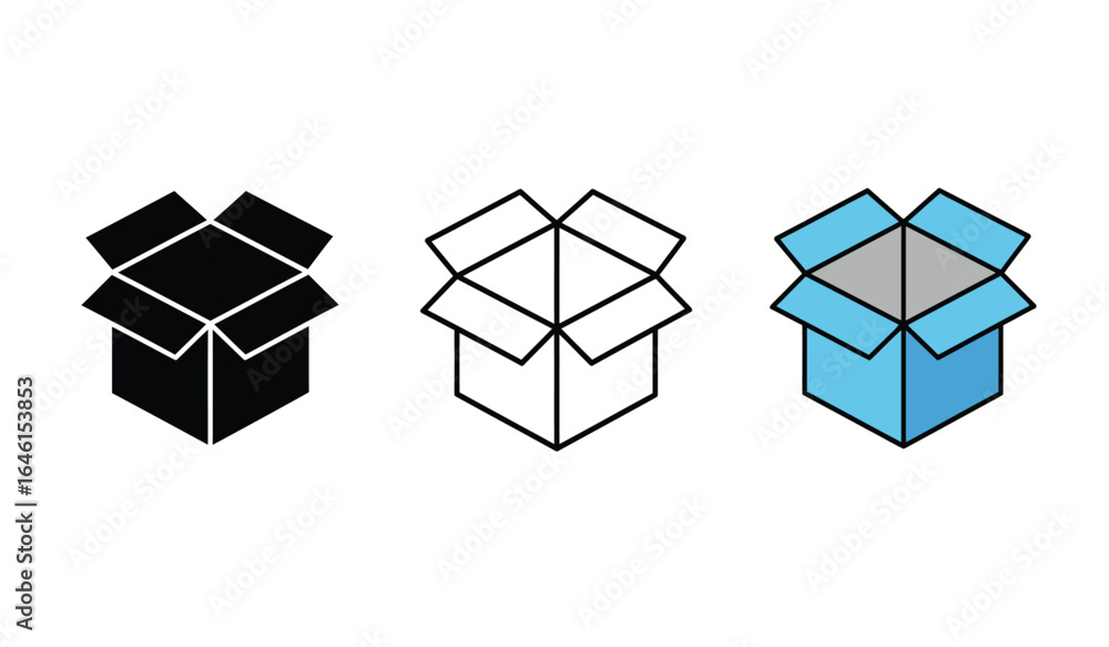 Three stylized open cardboard boxes in black silhouette line art and blue color isolated on white background Three stylized open cardboard boxes in black silhouette line art and blue color isolated on white background