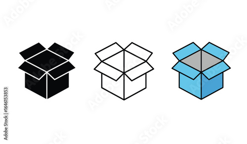 Three stylized open cardboard boxes in black silhouette line art and blue color isolated on white background