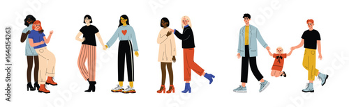 LGBT Couples with Man and Woman Romantic Gay Pair Vector Set