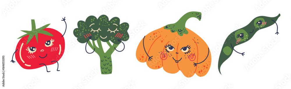 Fototapeta premium Different Cute Vegetable Character with Smiling Face Vector Set