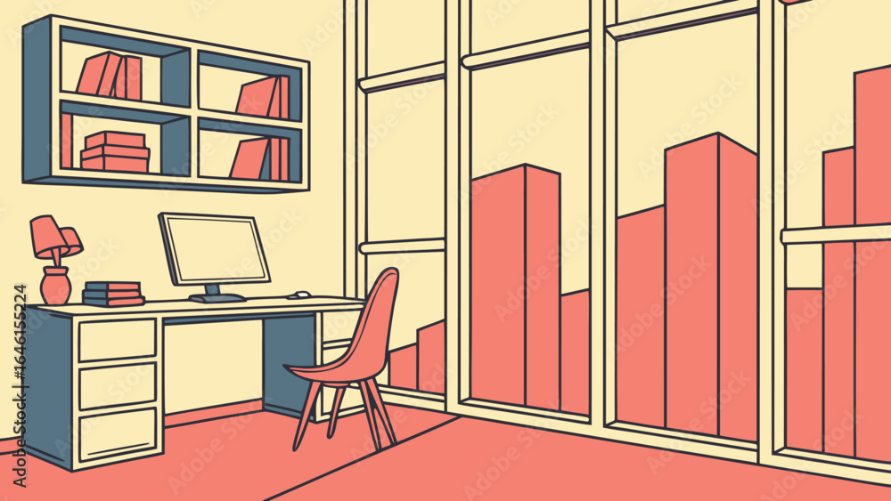 Fototapeta premium Illustration of office interior with desk computer bookshelf window chair lamp and cityscape view graphic design vector illustration