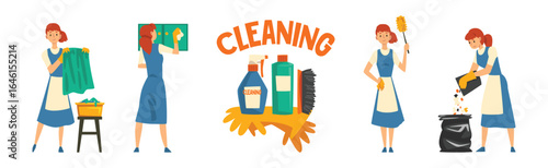 Young Woman in Apron Cleaning and Washing Vector Set