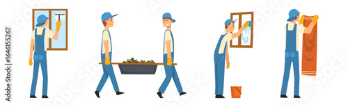 Young Man in Blue Overalls Cleaning and Washing Vector Set