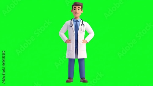 A friendly cartoon doctor in a white coat stands confidently against a vibrant green screen background, ready to provide medical assistance.