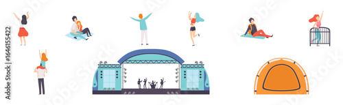 Man and Woman at Open Air Music Festival with Stage Vector Set