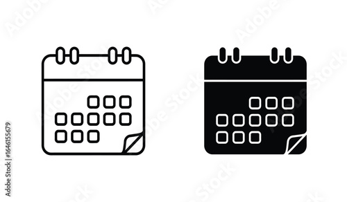 Two simple calendar icons one outlined and one solid black representing days and dates isolated on white background