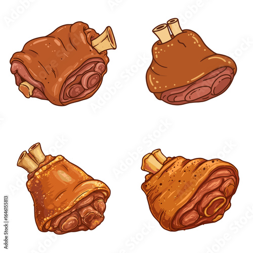 Set of four golden roasted pork knuckles on transparent background, copy space