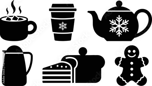 Winter holiday treats christmas gingerbread coffee tea cake hot chocolate festive season celebration icon set vector illustration