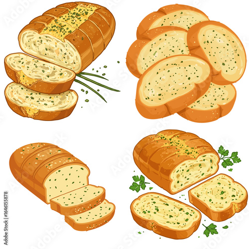 Set of sliced garlic bread loaf with herbs on transparent background, crispy texture