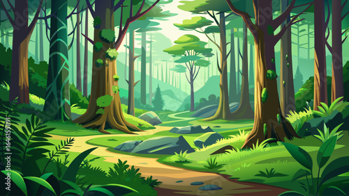 Golden sunlight filters through the towering canopy, painting shifting patterns on the mossy floor, where silence speaks softly, and the landscape breathes in harmony with nature’s serene rhythm.