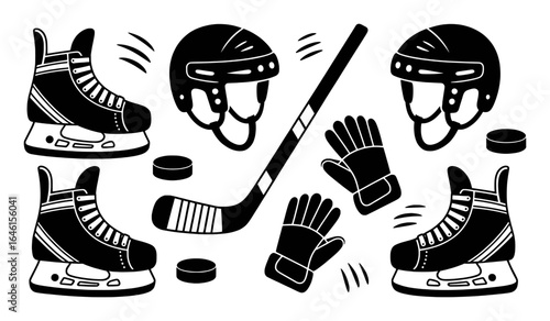 Hockey equipment collection black and white illustration skate puck