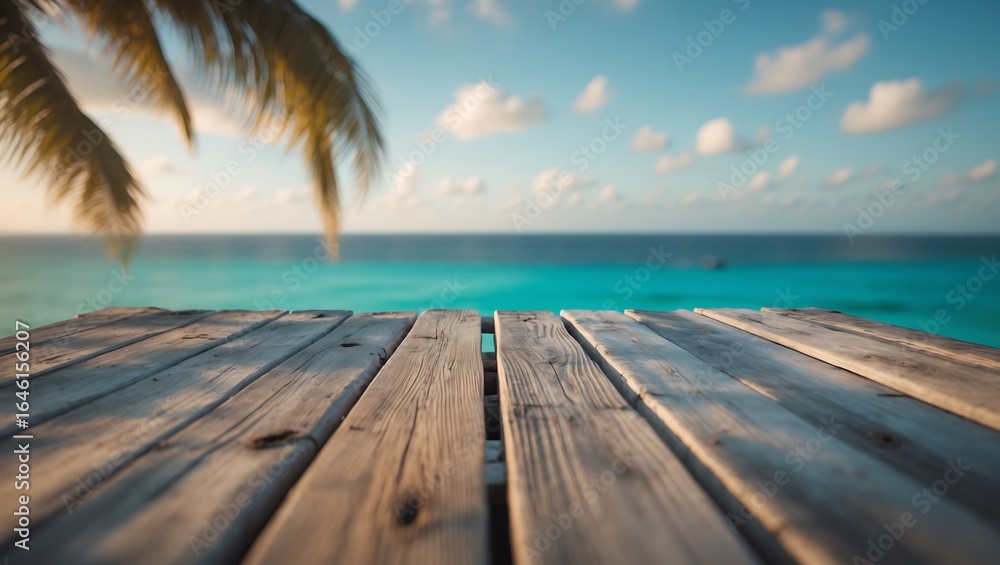 Fototapeta premium Tropical beach vacation background wooden dock ocean view summer travel destination paradise island getaway on transparent background