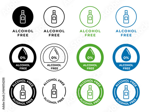 Alcohol free vector labels zero alcohol-sign collection, Collection of circular icons and stamps indicating alcohol free and oil free product certifications