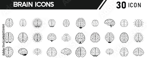Vector art of collection of 30 brain icons representing different aspects of the mind, cognition, and neuroscience